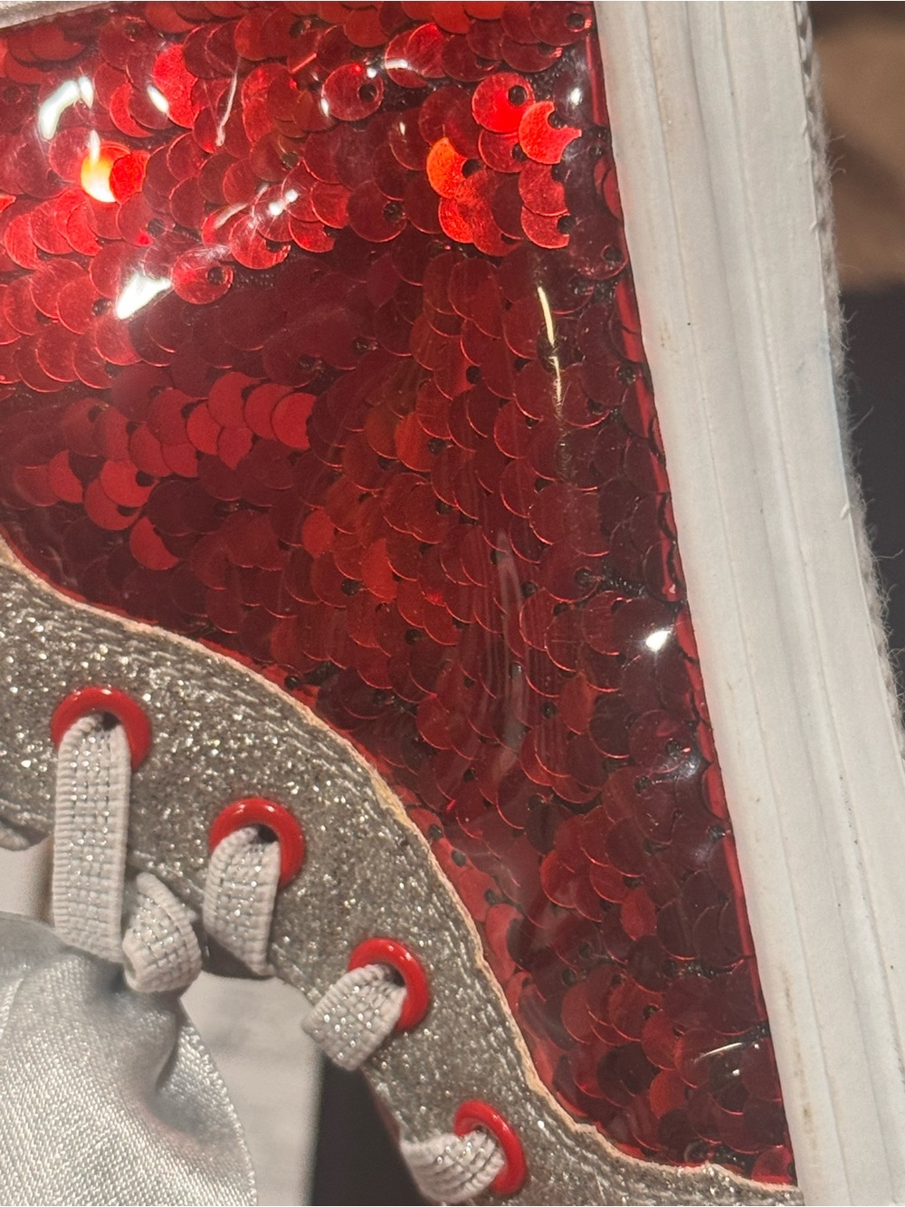 Red Sequin Shimmering shoes with silver and white details